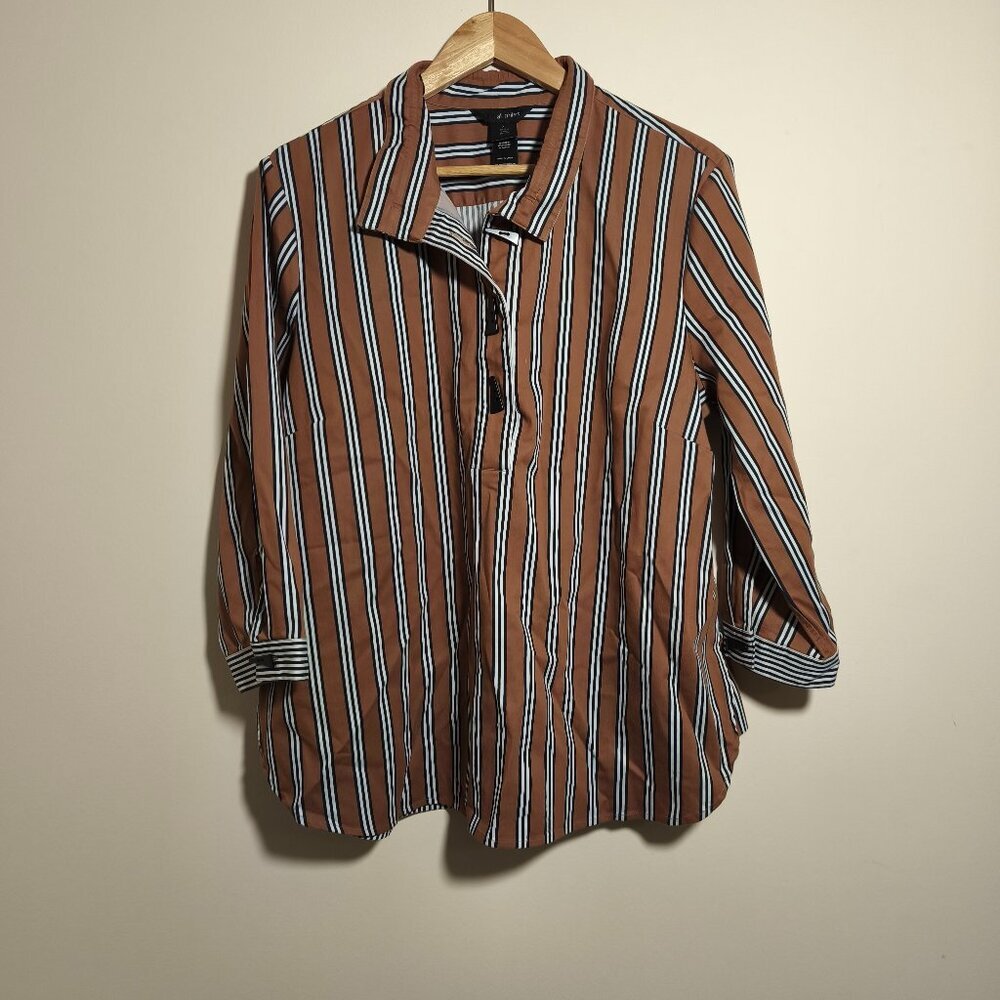 Ali Miles Striped Toggle Button Popover Tunic sz XL Black Tan Coastal Travel